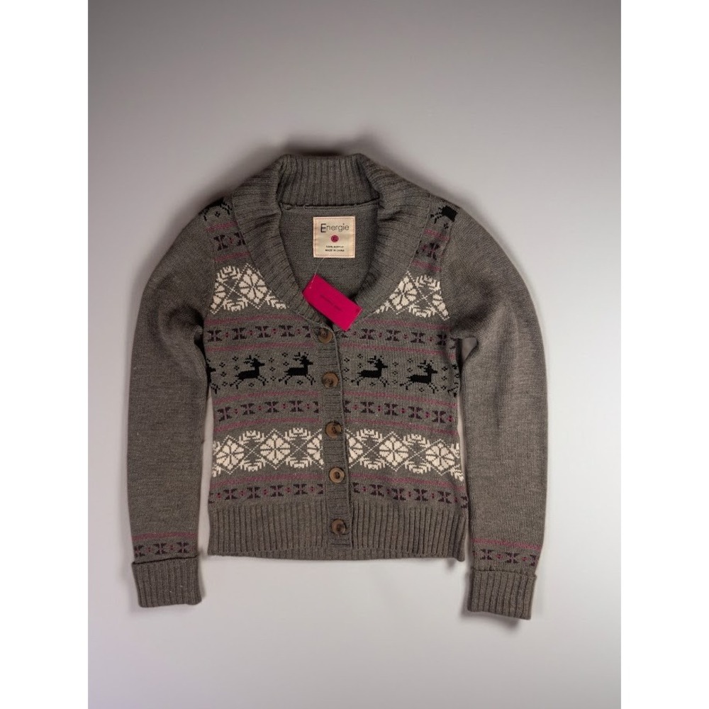 Energie Womens Fair Isle Reindeer Shawl Collar Cardigan Sweater Grey XL NWT